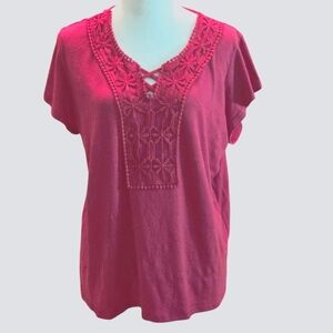 Anneliese Embroidered Fushia Pink Top Short Flutter Sleeves Women's L
